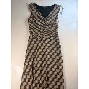 The Limited Silk Midi Dress Women 10 Brown Excellent Ruched Geometric Polka Dot